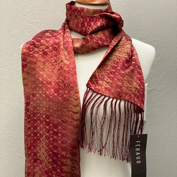 Rare Louis Feraud Scarf Deep Red with Fringe 100% Silk NWT Vintage - Picture 10 of 15